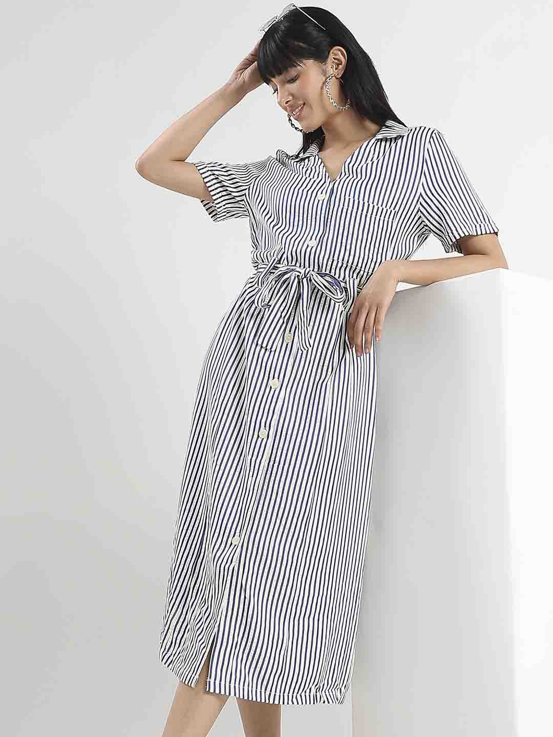 Madame Striped Navy Blue Midi Shirt Dress - Image 6
