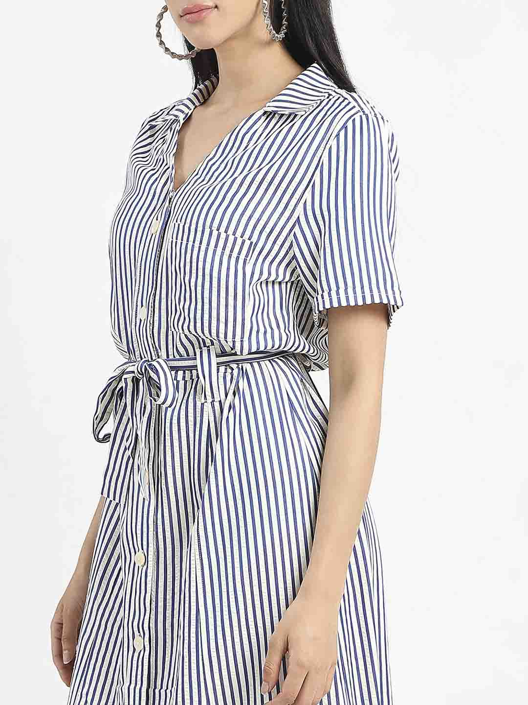 Madame Striped Navy Blue Midi Shirt Dress - Image 7