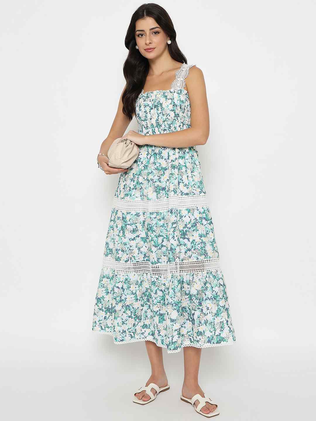 Madame Laced Floral Print White Midi Dress