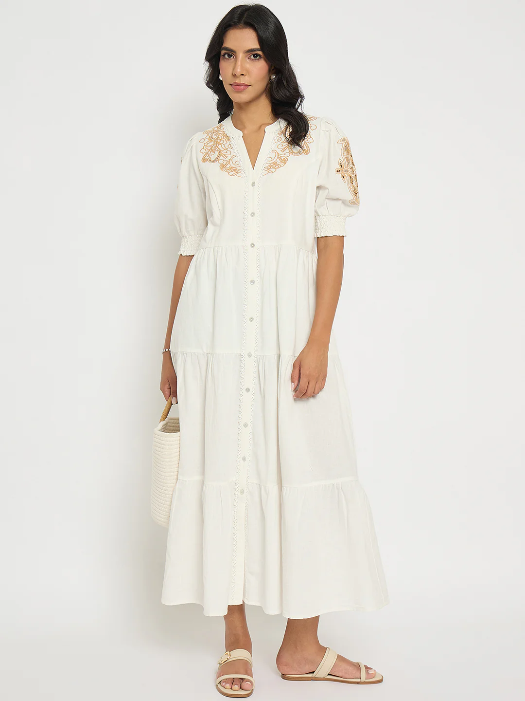 Madame Embroidered Flared Hem Belted White Cotton Dress