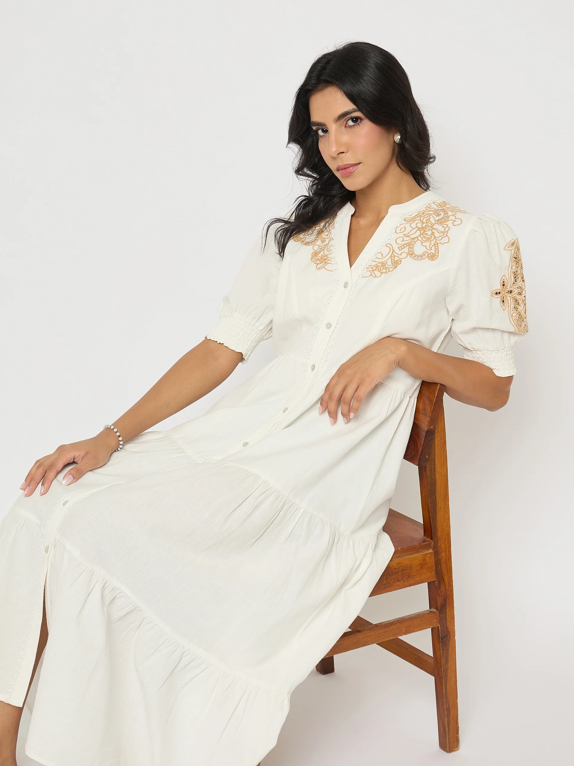 Madame Embroidered Flared Hem Belted White Cotton Dress - Image 2
