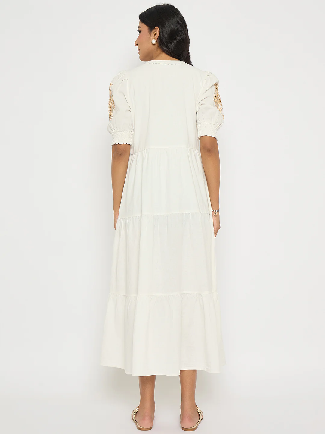 Madame Embroidered Flared Hem Belted White Cotton Dress - Image 6