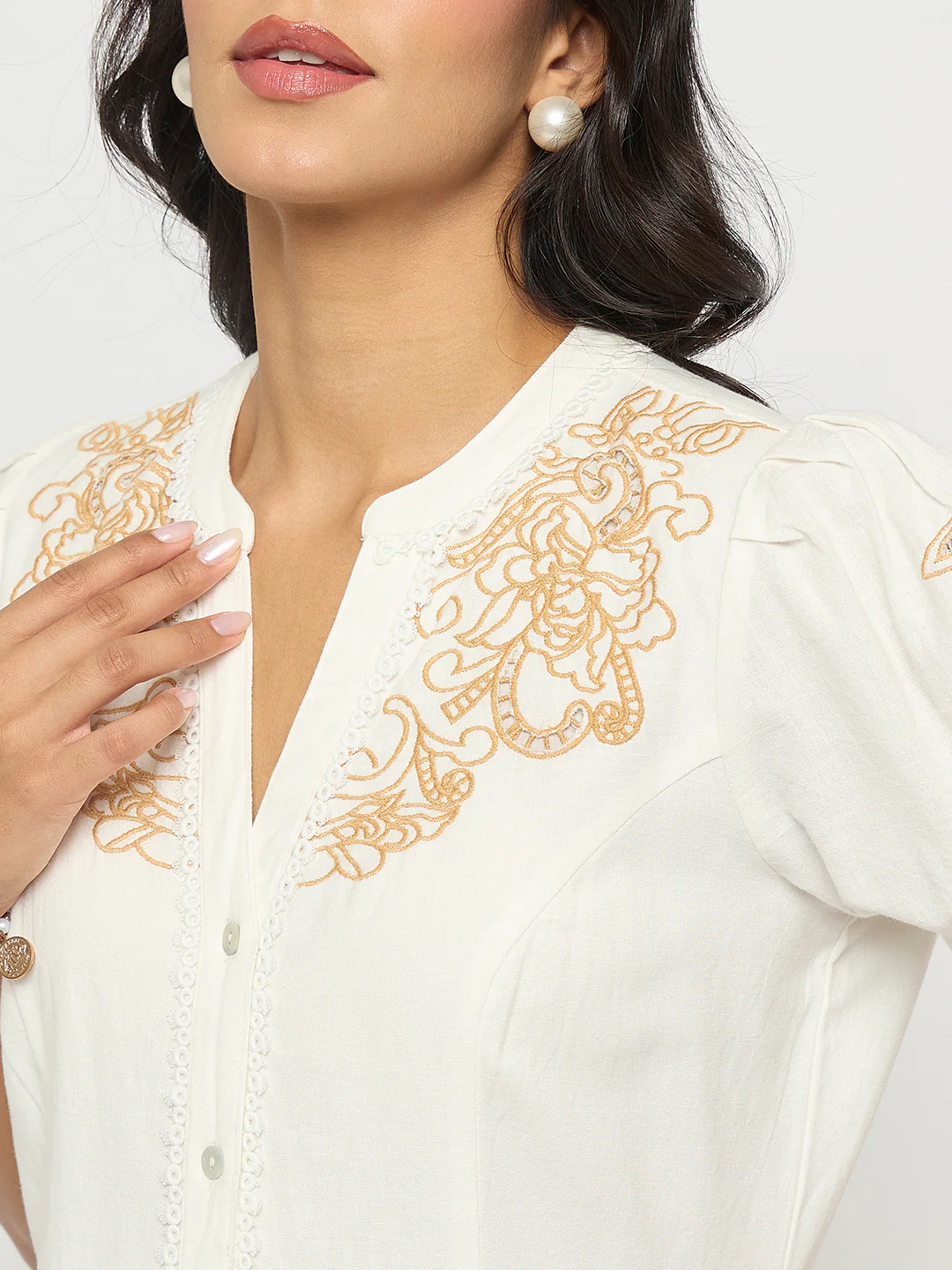 Madame Embroidered Flared Hem Belted White Cotton Dress - Image 7
