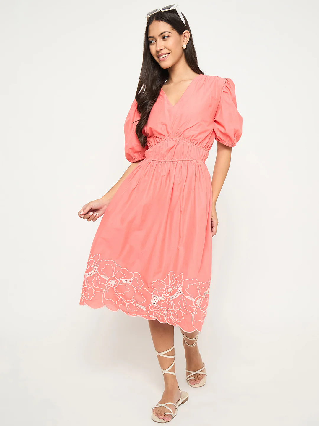 Madame Floral Embroidered Hem Fit and Flared Coral Midi Dress - Image 2