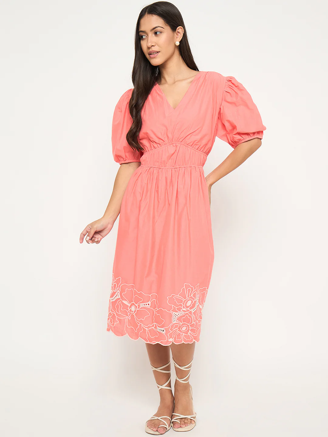Madame Floral Embroidered Hem Fit and Flared Coral Midi Dress - Image 3