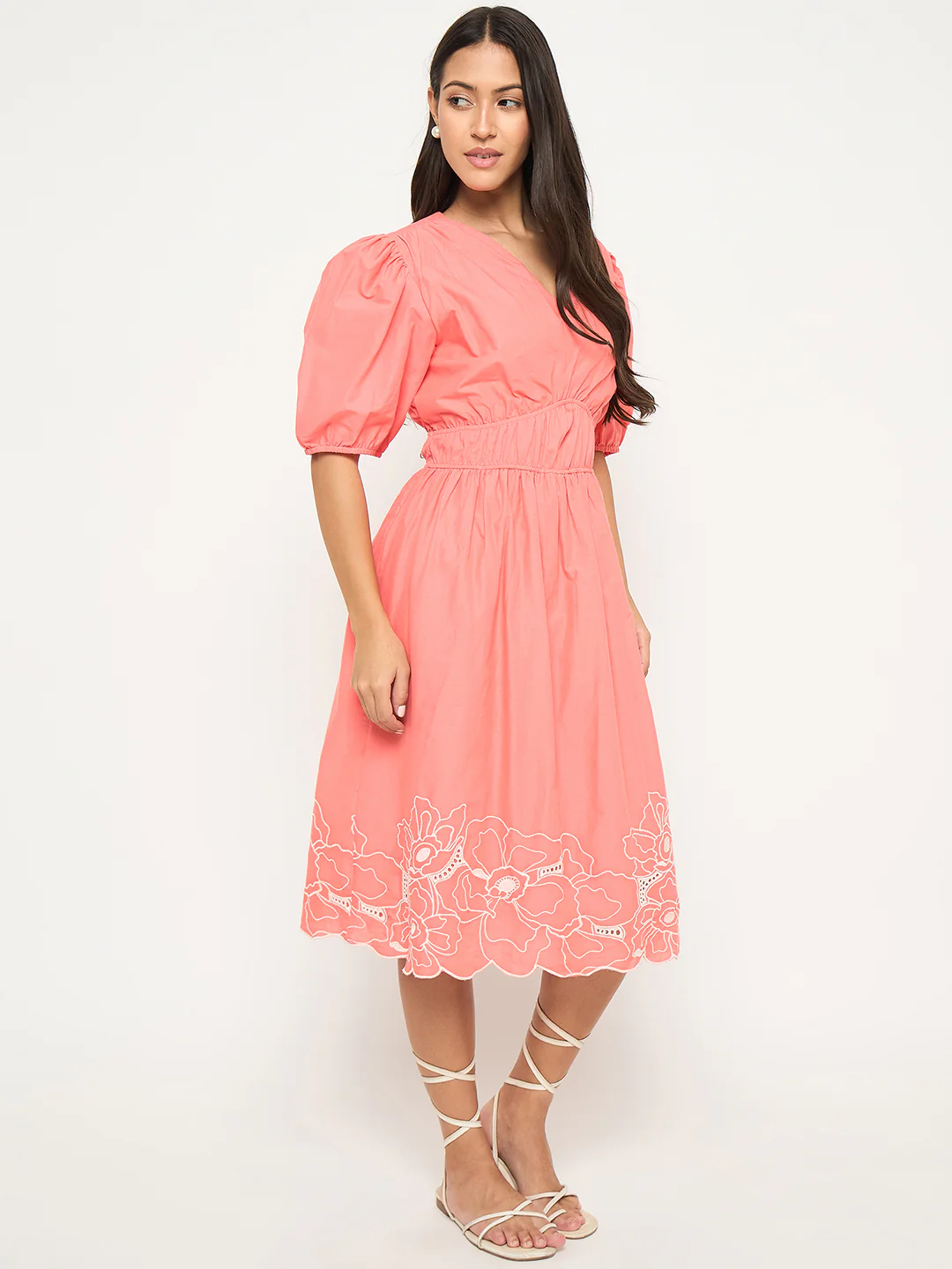 Madame Floral Embroidered Hem Fit and Flared Coral Midi Dress - Image 4