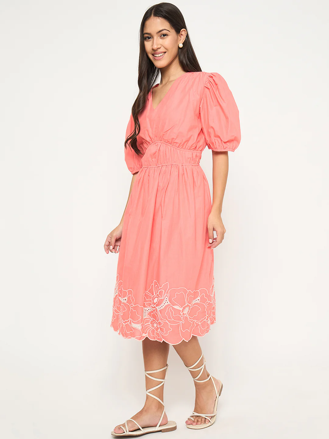 Madame Floral Embroidered Hem Fit and Flared Coral Midi Dress - Image 5