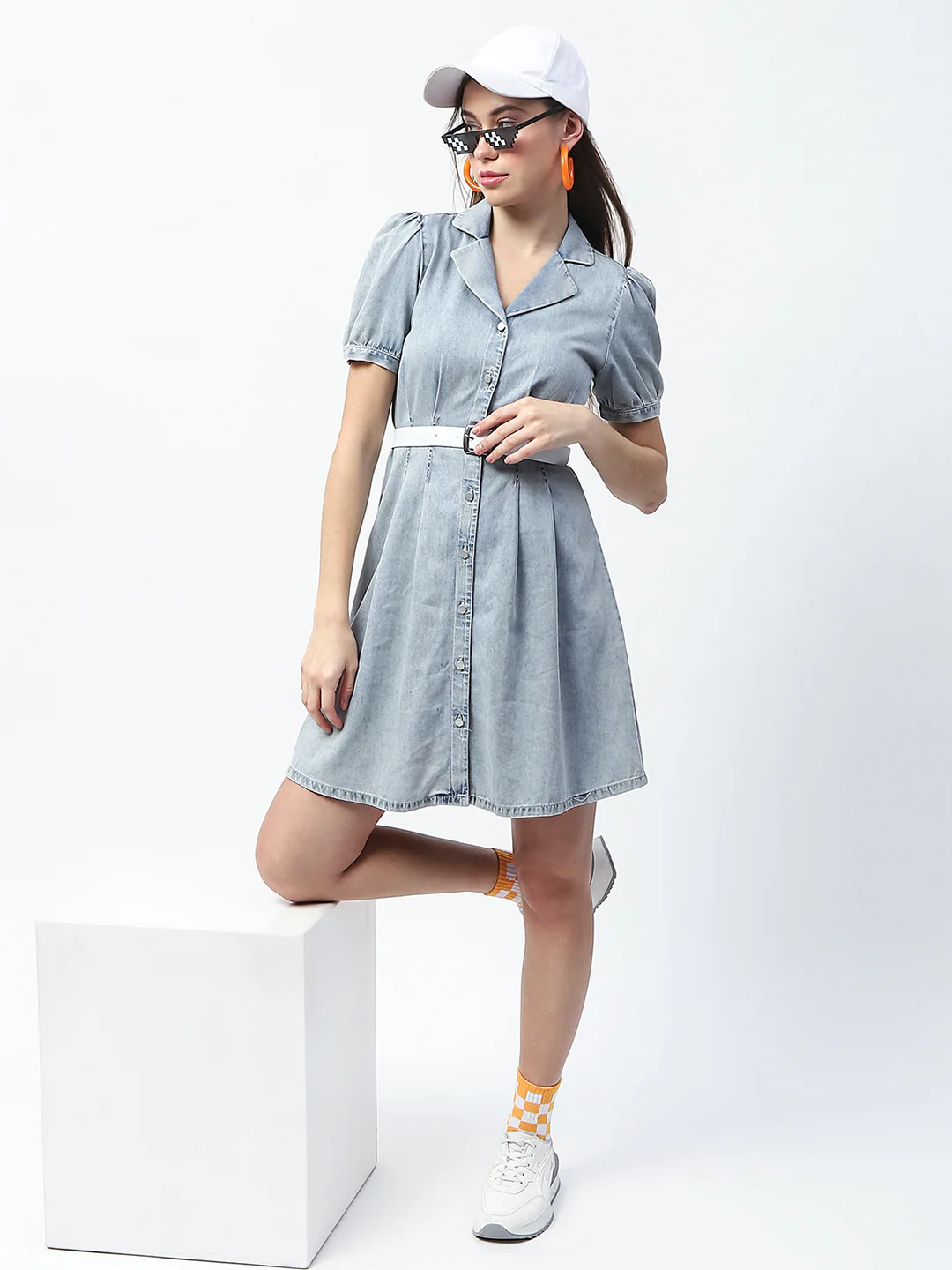 Madame Pintuck Detailed Light Blue Mini Denim Dress - Image 2