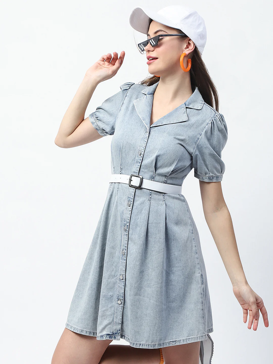 Madame Pintuck Detailed Light Blue Mini Denim Dress - Image 3