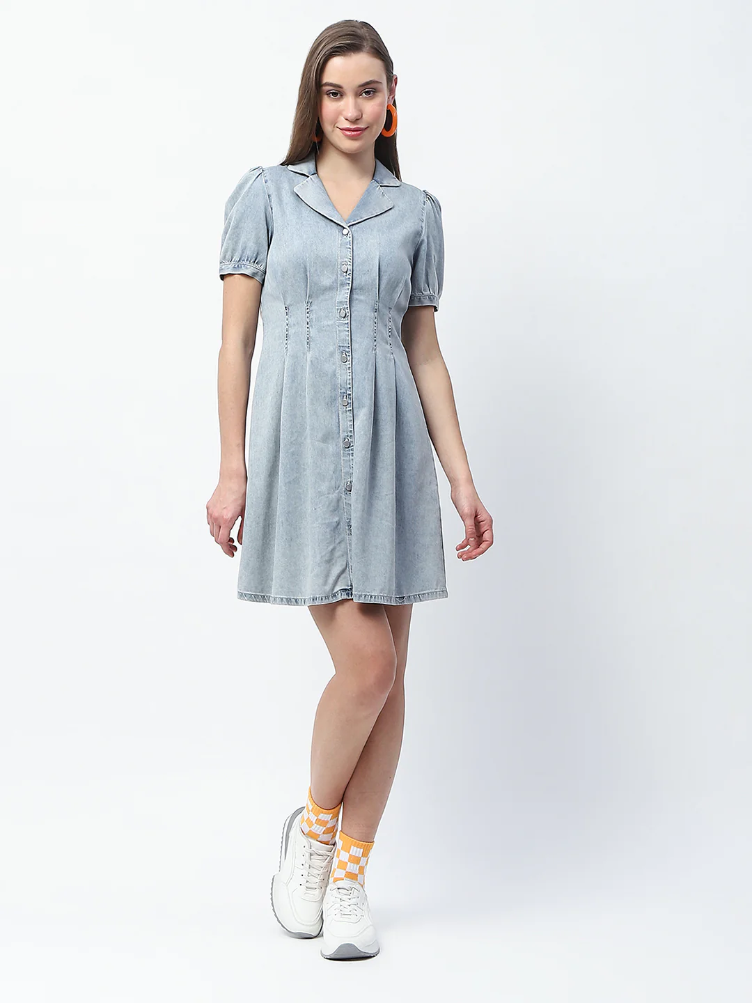 Madame Pintuck Detailed Light Blue Mini Denim Dress - Image 4