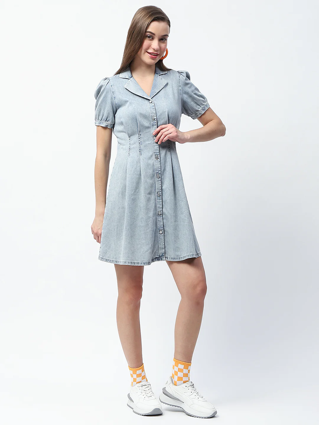 Madame Pintuck Detailed Light Blue Mini Denim Dress - Image 5