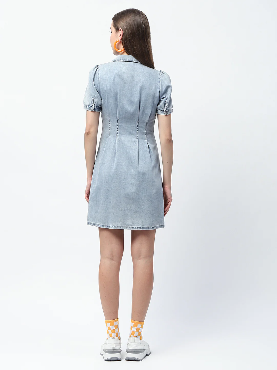 Madame Pintuck Detailed Light Blue Mini Denim Dress - Image 7