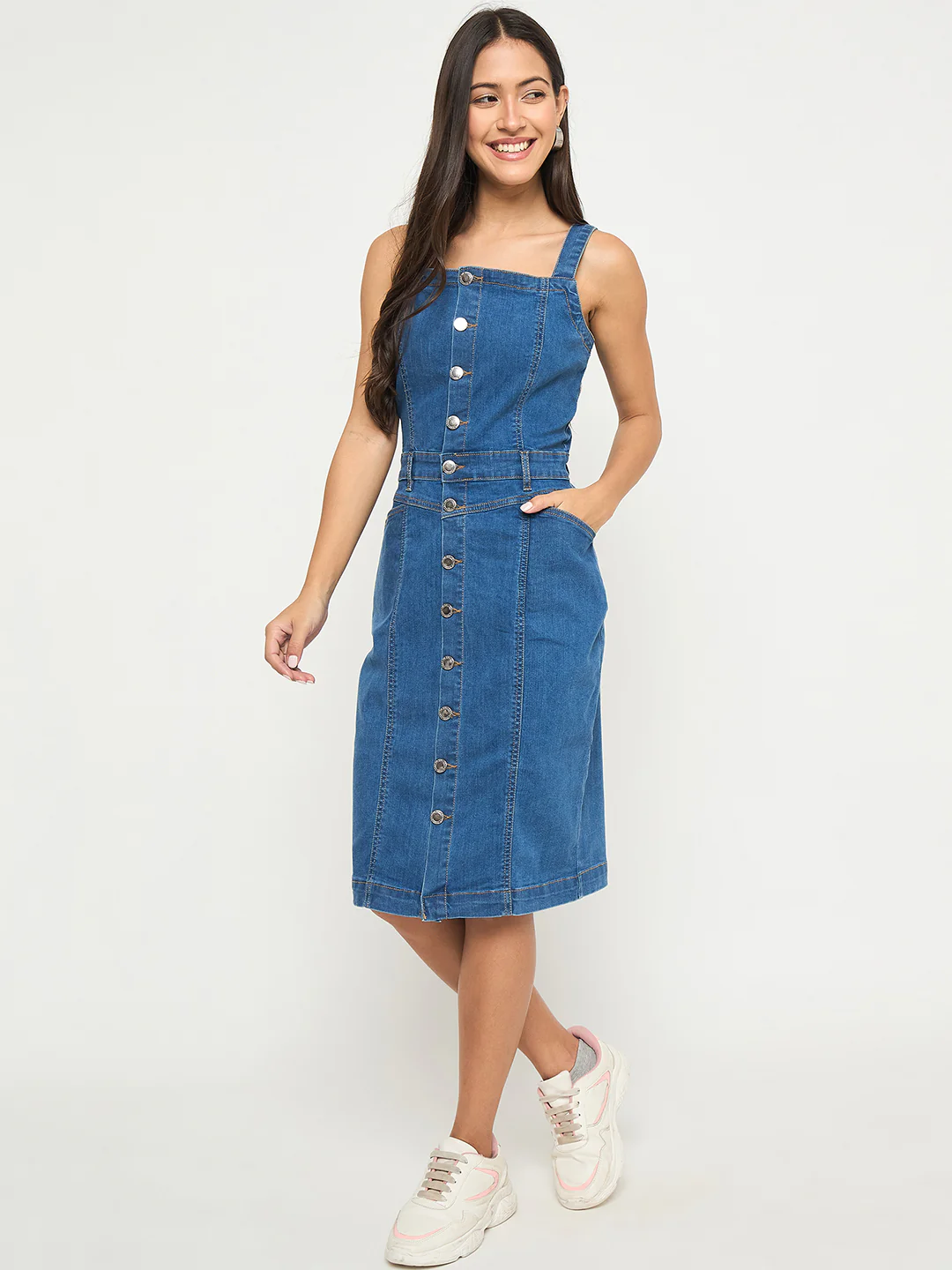 Madame Divided Buttoned Mid Blue Denim Mini Bodycon Dress - Image 2