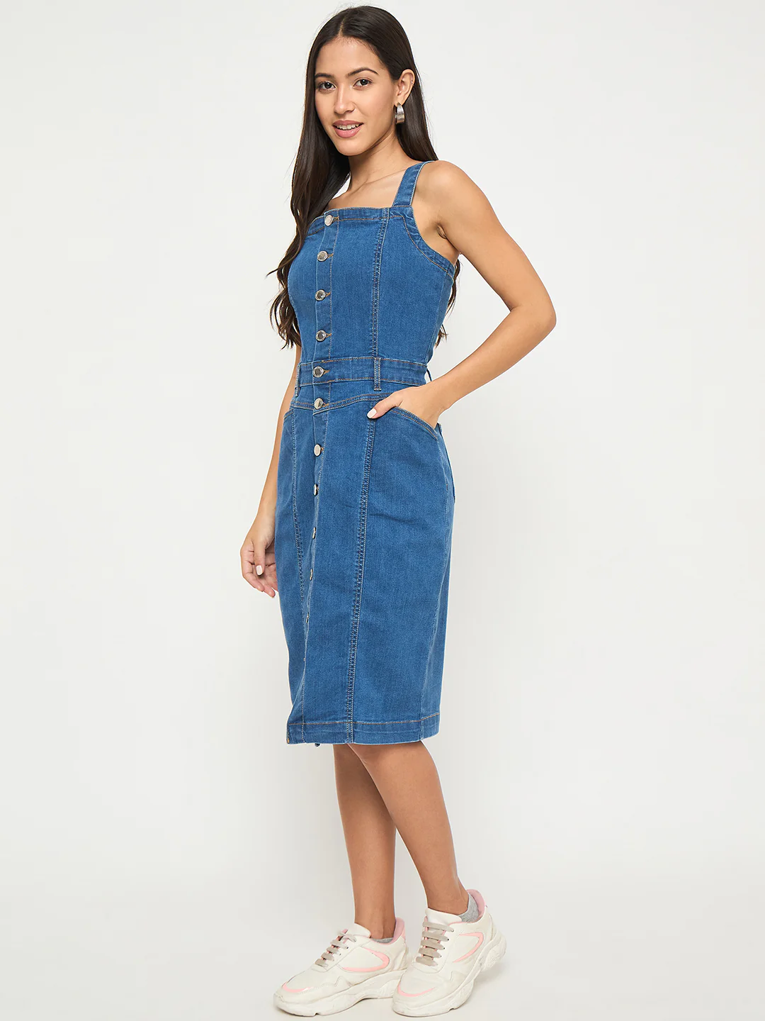 Madame Divided Buttoned Mid Blue Denim Mini Bodycon Dress - Image 5