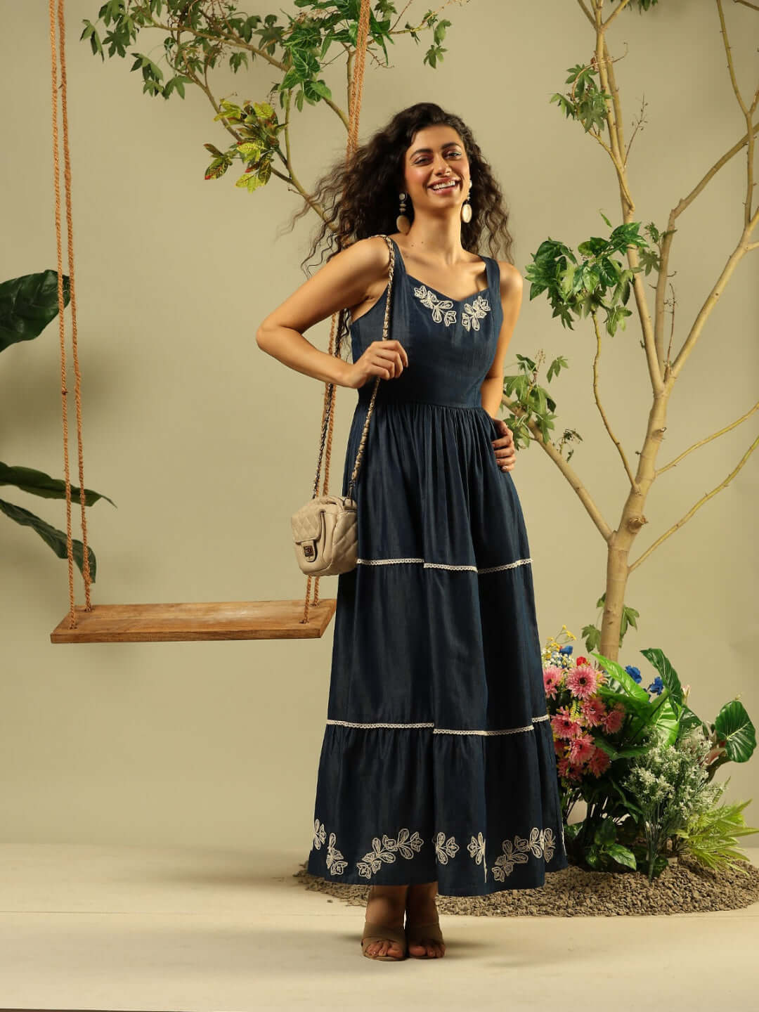 Madame Embroidered Tiered Hem Denim Maxi Dress