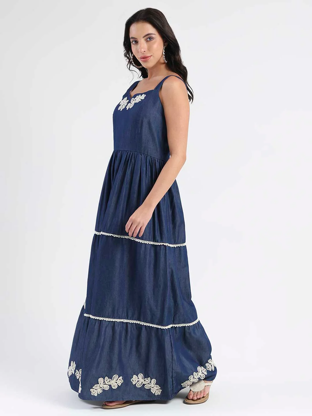 Madame Embroidered Tiered Hem Denim Maxi Dress - Image 3
