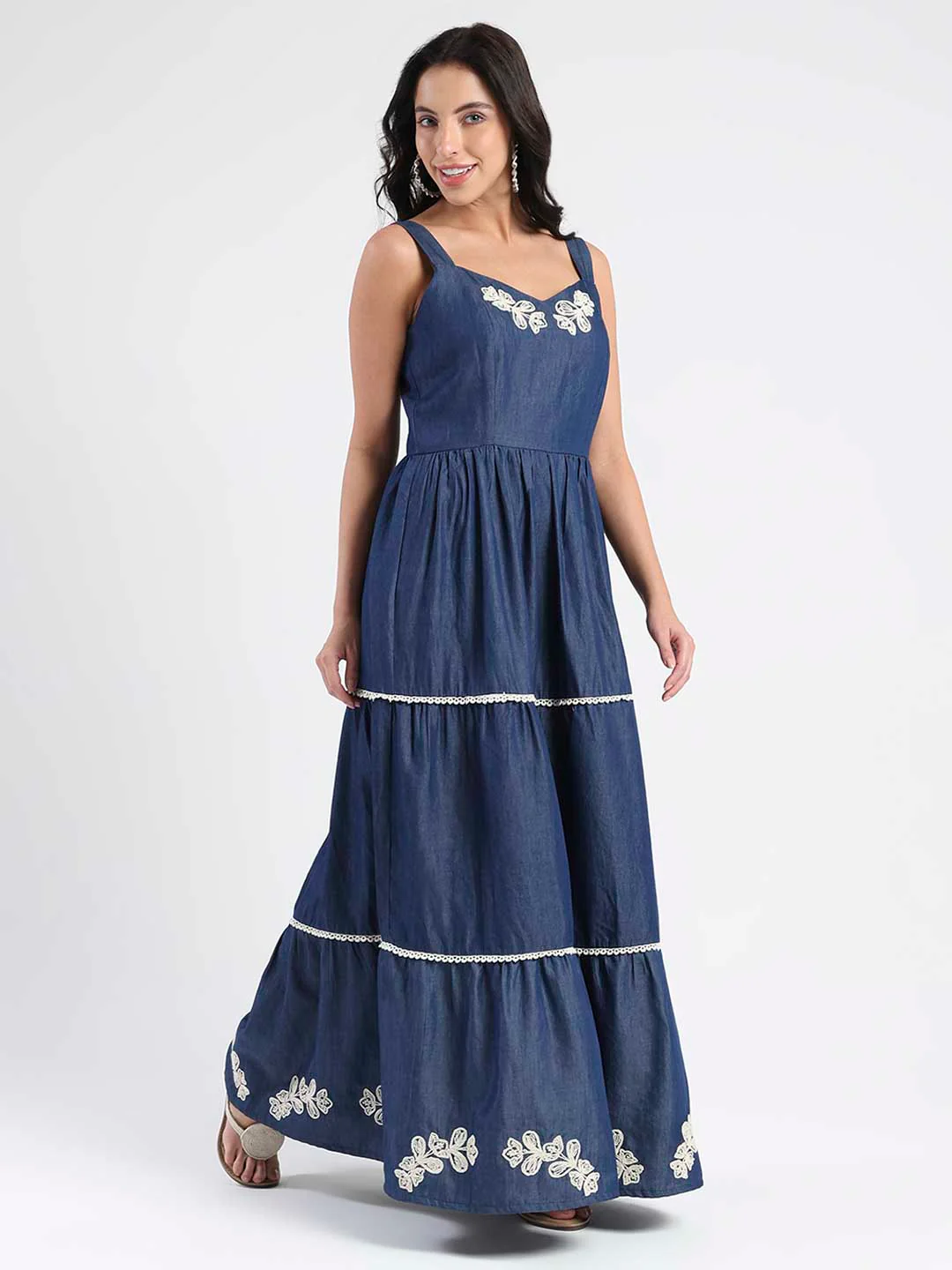 Madame Embroidered Tiered Hem Denim Maxi Dress - Image 4