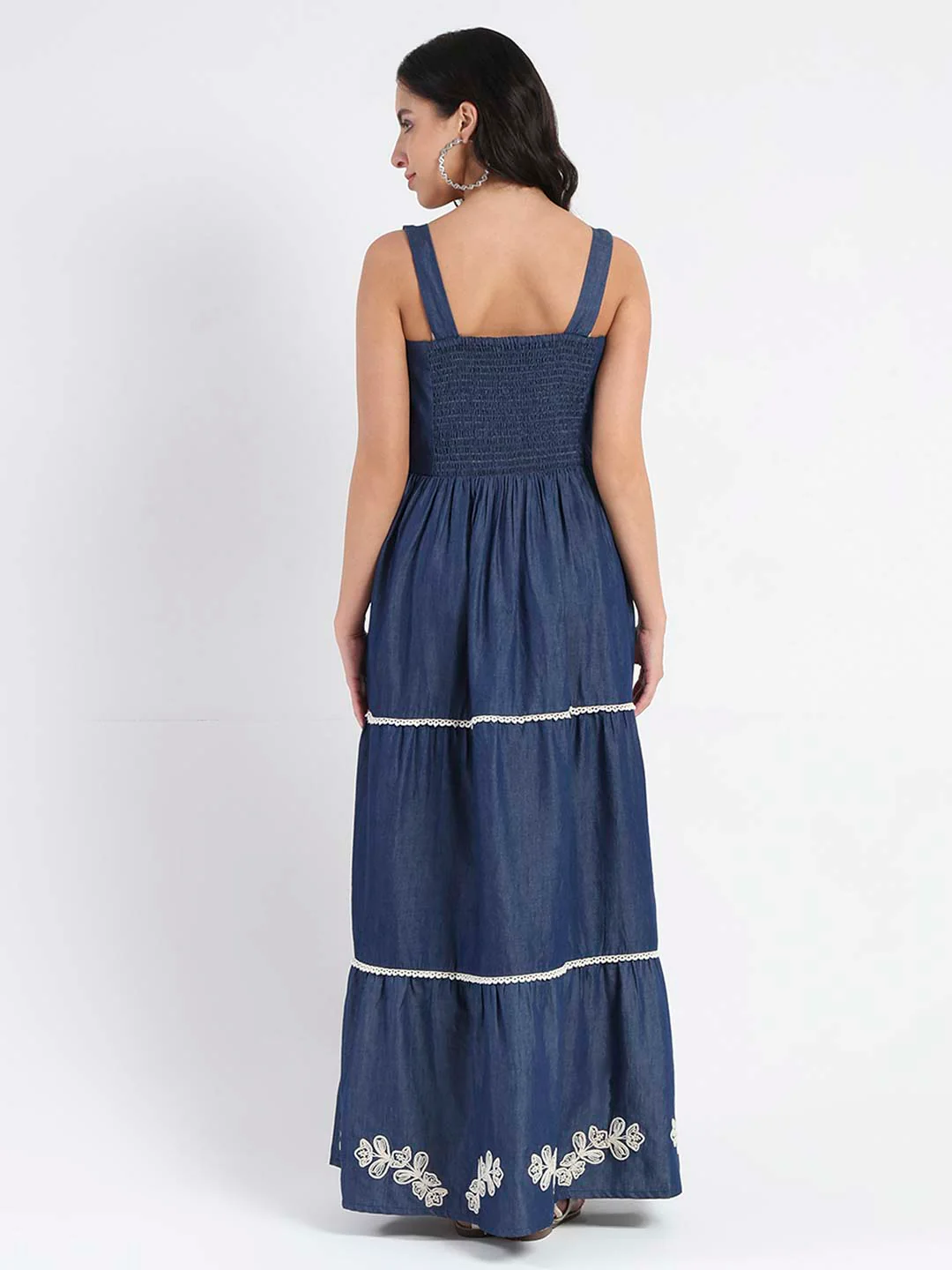 Madame Embroidered Tiered Hem Denim Maxi Dress - Image 5