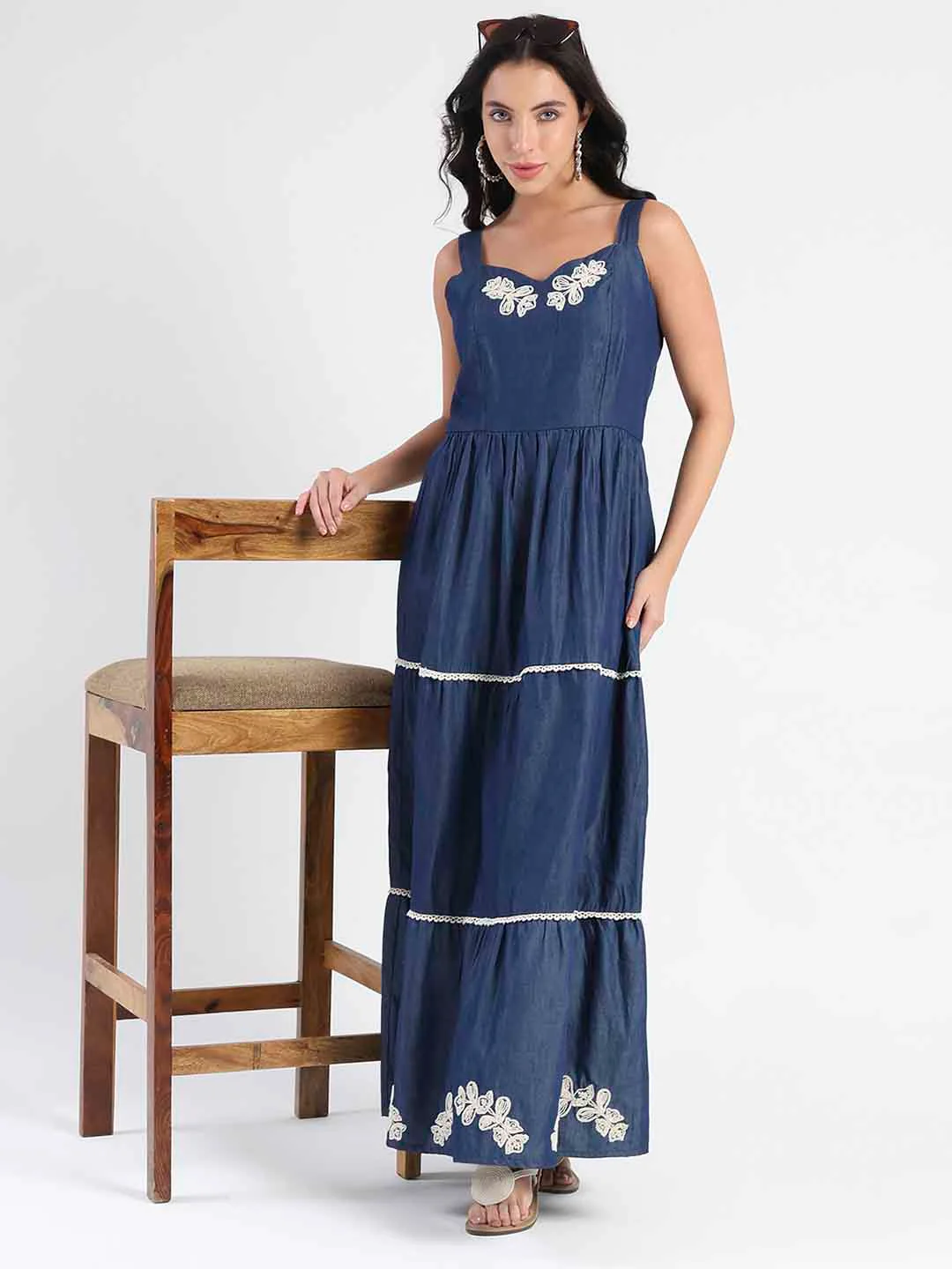 Madame Embroidered Tiered Hem Denim Maxi Dress - Image 6