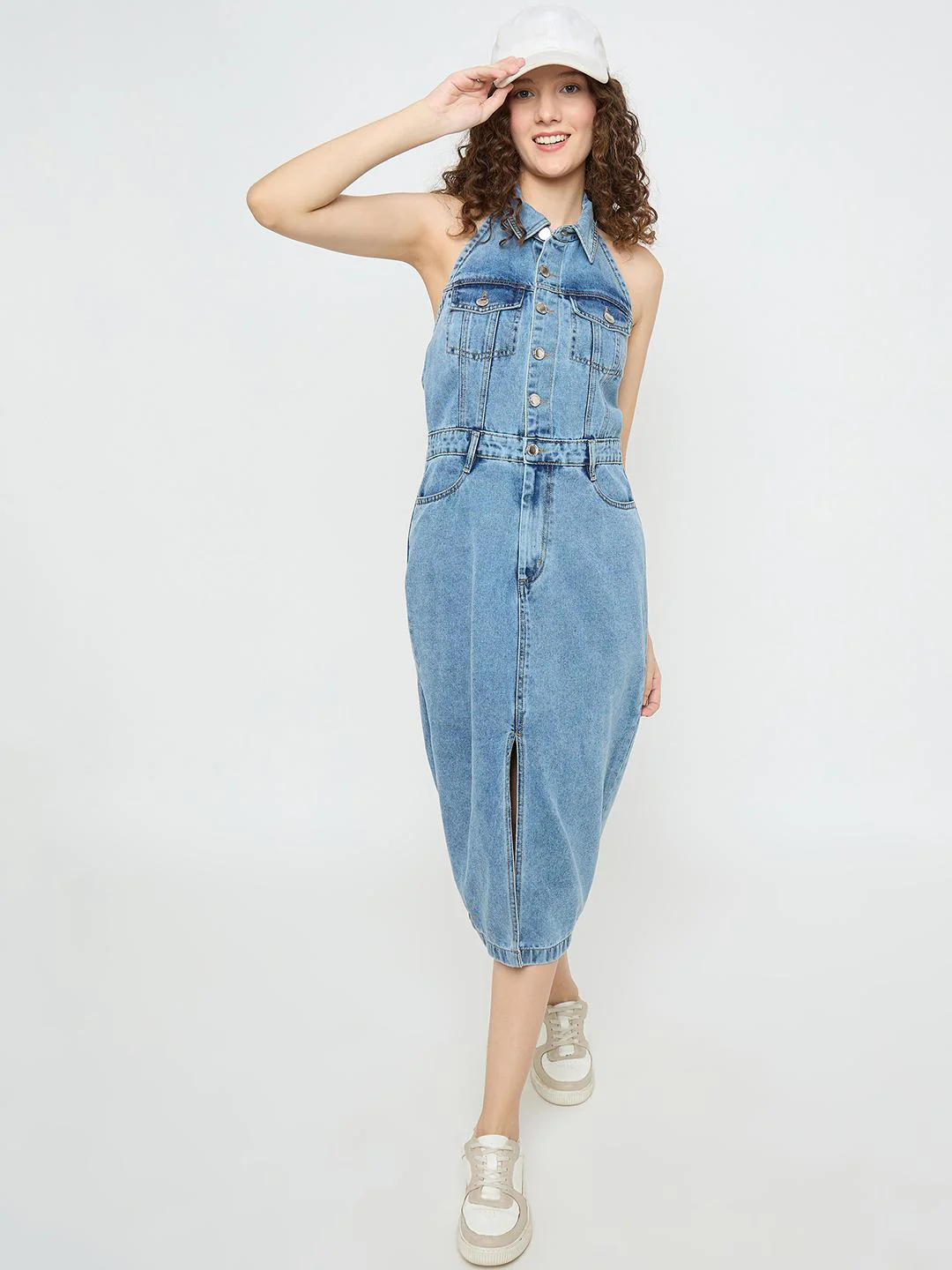 Madame Halter Neck Bodycon Cotton Denim Dress