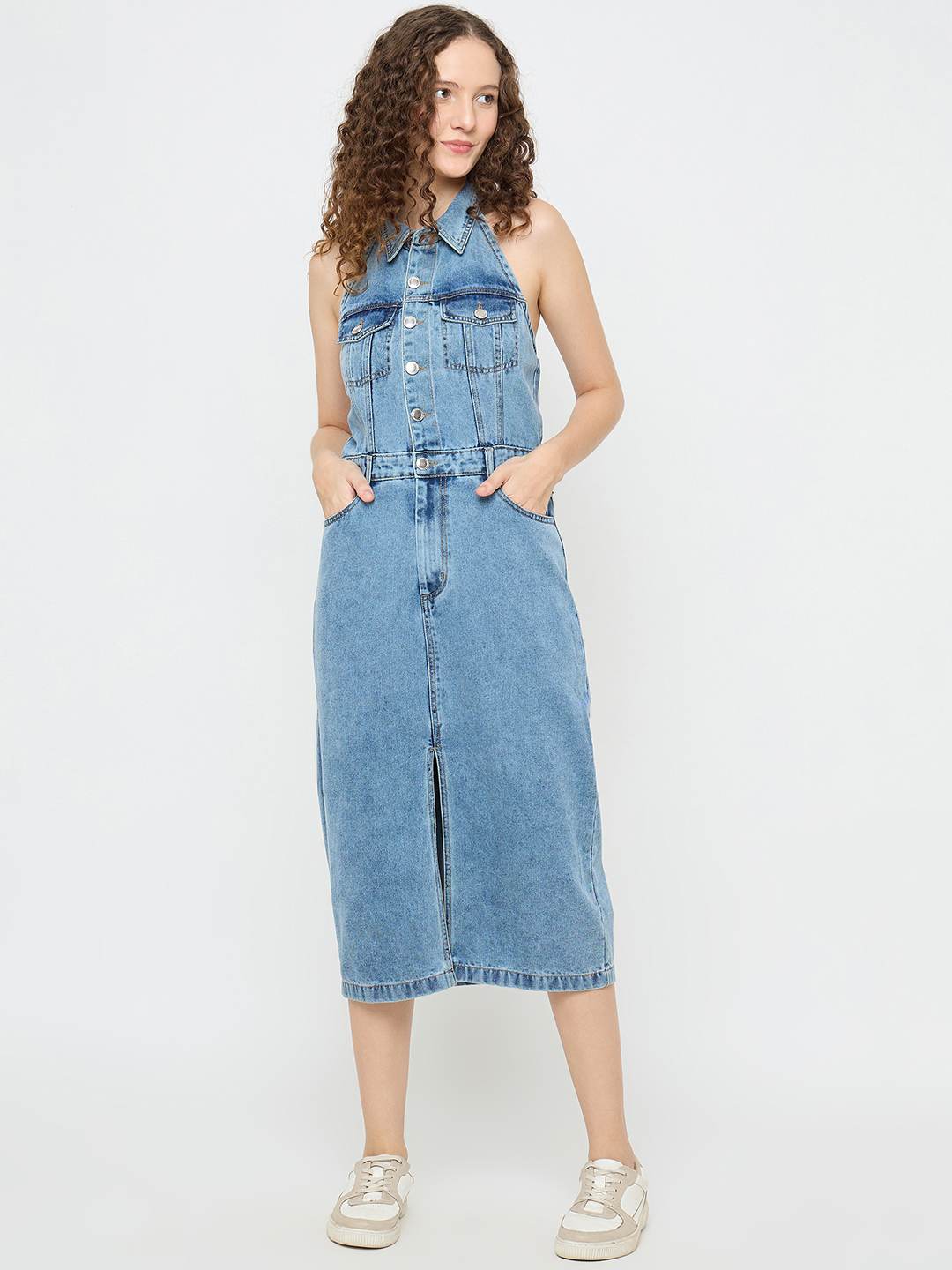 Madame Halter Neck Bodycon Cotton Denim Dress - Image 3