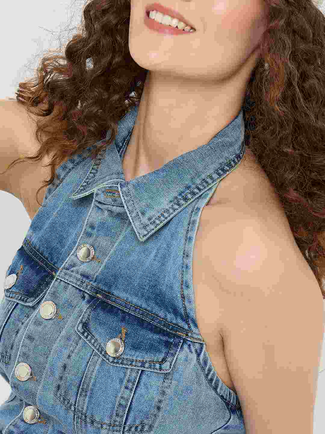 Madame Halter Neck Bodycon Cotton Denim Dress - Image 6