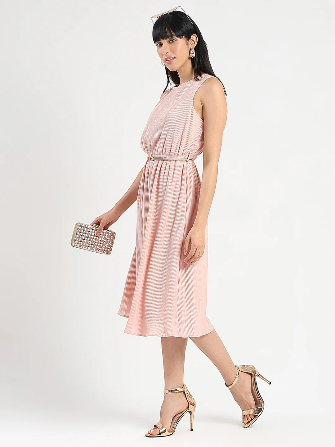 Madame Metallic Self-Design Pleated Beige Flared Maxi Dress