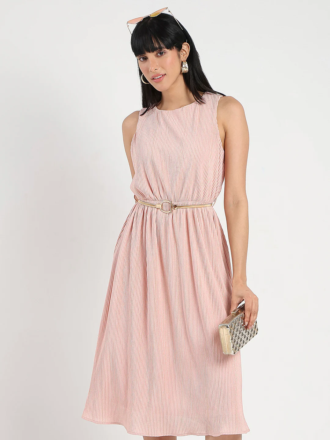 Madame Metallic Self-Design Pleated Beige Flared Maxi Dress - Image 2