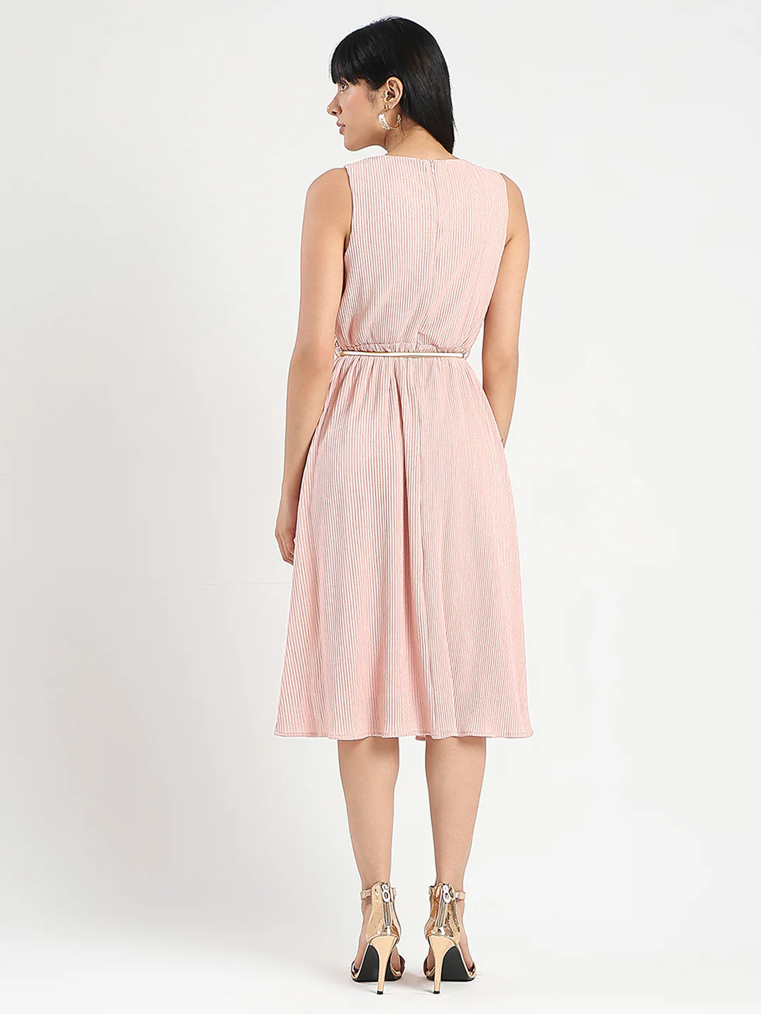 Madame Metallic Self-Design Pleated Beige Flared Maxi Dress - Image 6