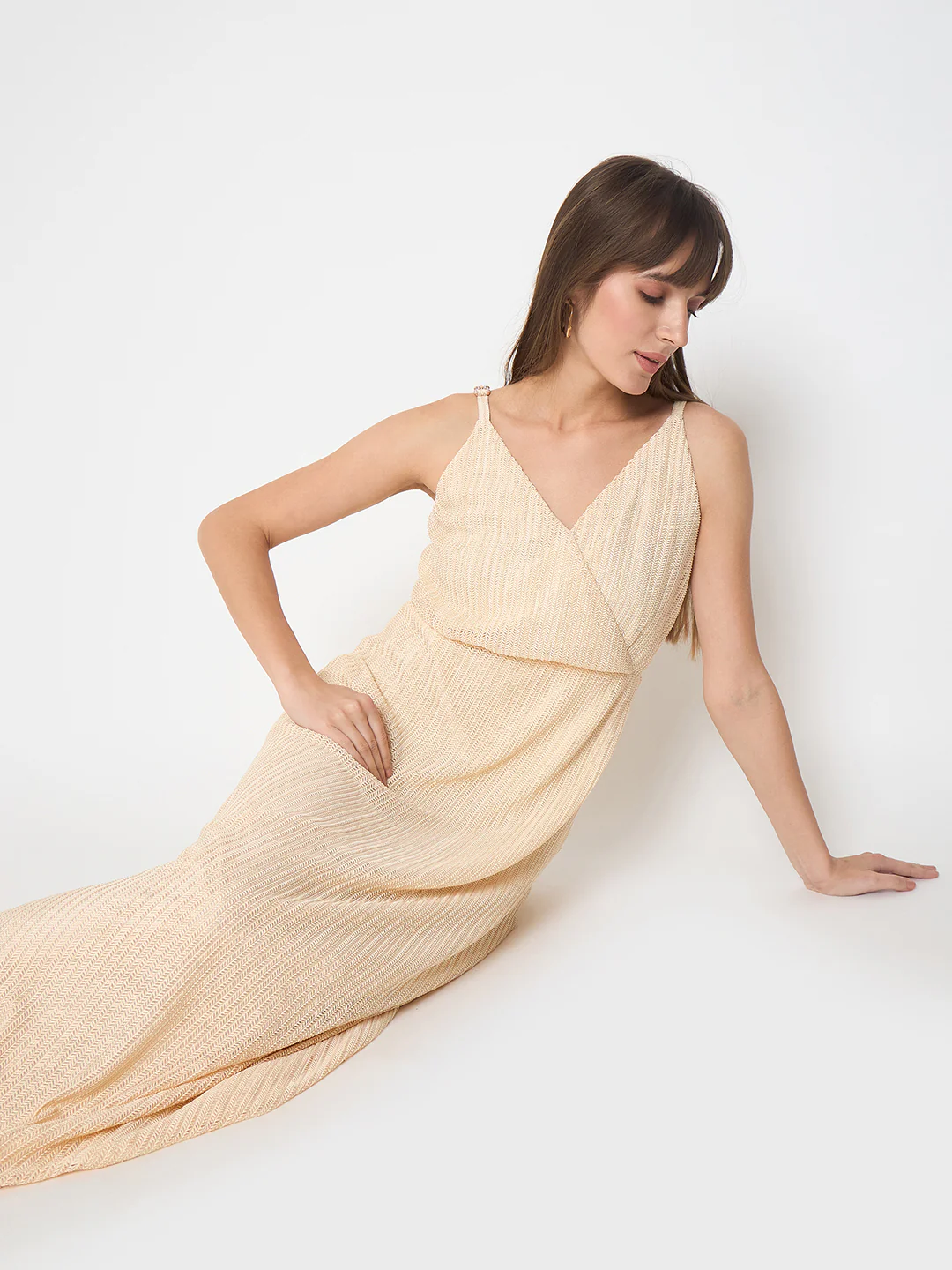 Madame Golden Buckled Strap Self Design Beige Maxi Dress - Image 2