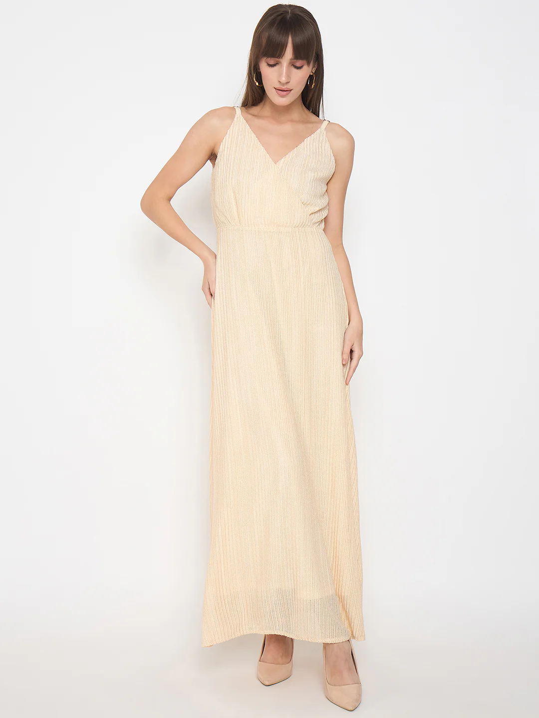 Madame Golden Buckled Strap Self Design Beige Maxi Dress - Image 3