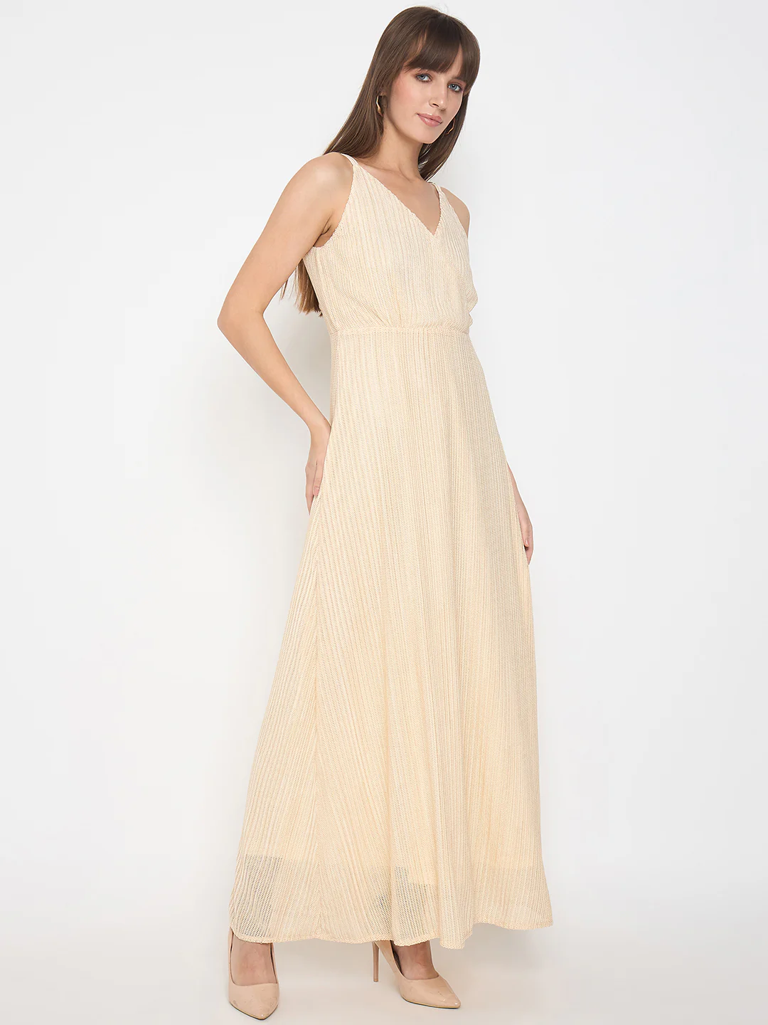 Madame Golden Buckled Strap Self Design Beige Maxi Dress - Image 4