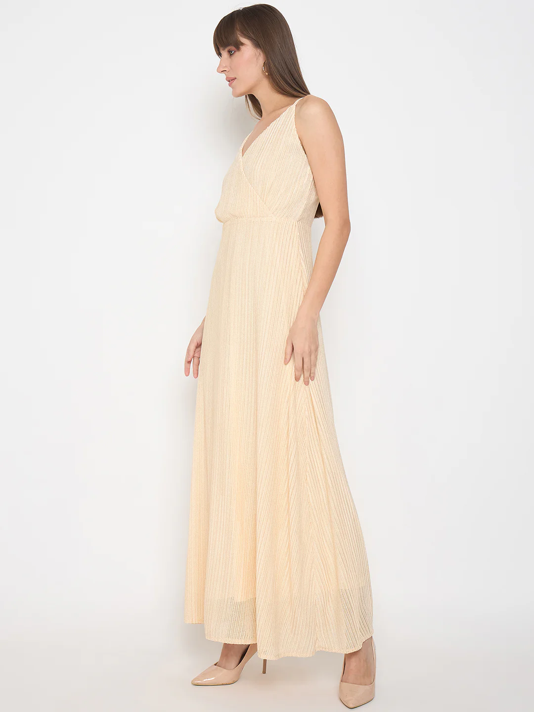 Madame Golden Buckled Strap Self Design Beige Maxi Dress - Image 5