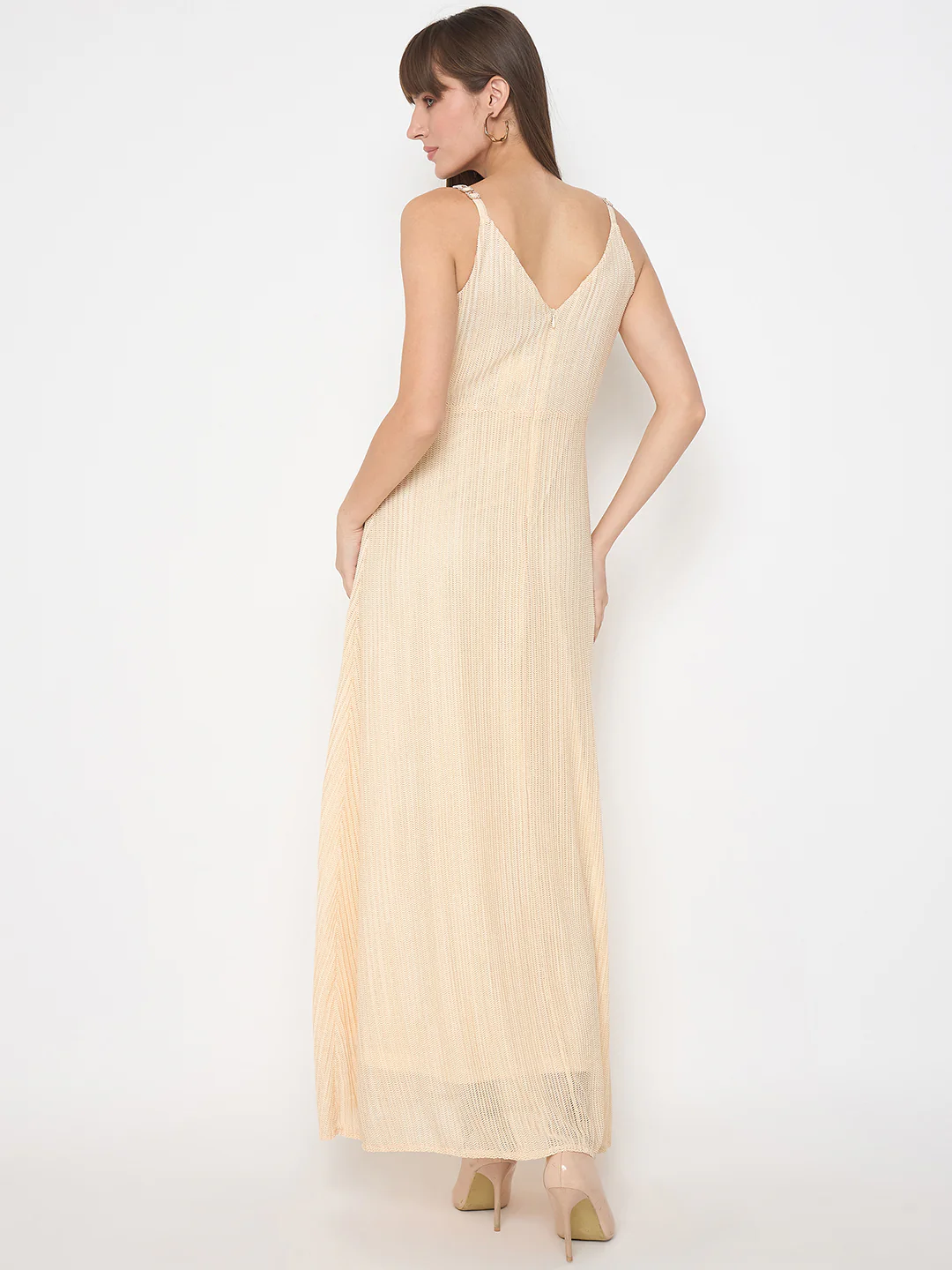 Madame Golden Buckled Strap Self Design Beige Maxi Dress - Image 6