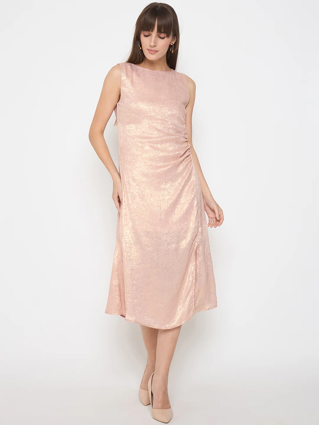 Madame Textured Front Ruched Peach Midi Dress - Image 3