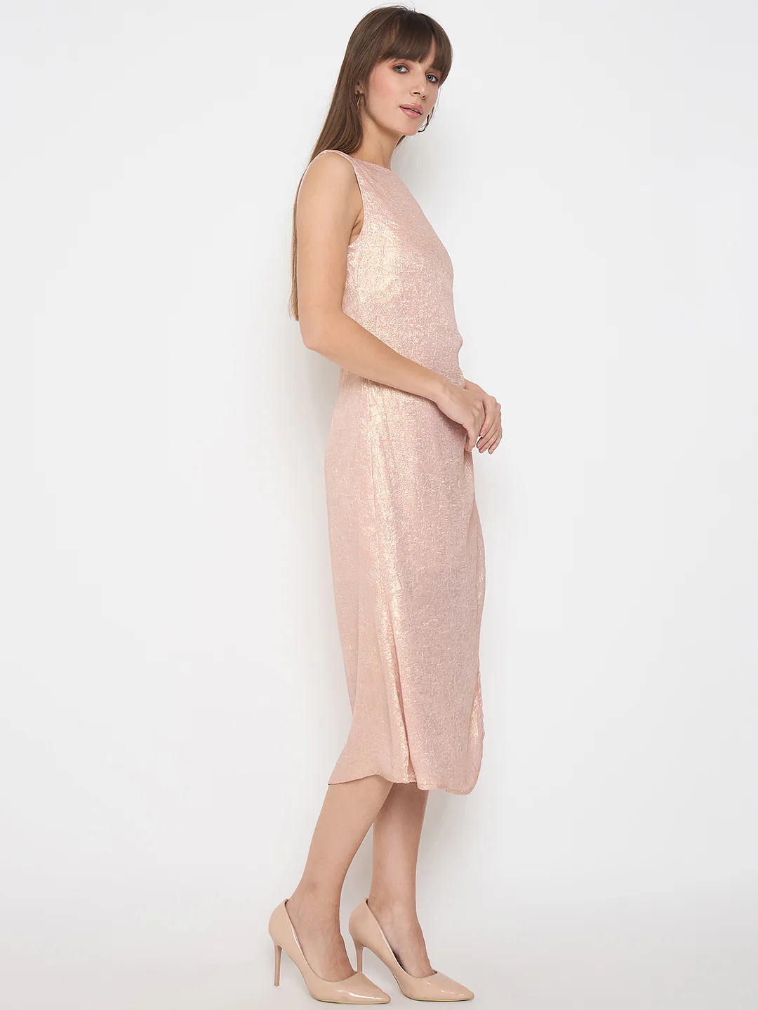Madame Textured Front Ruched Peach Midi Dress - Image 4