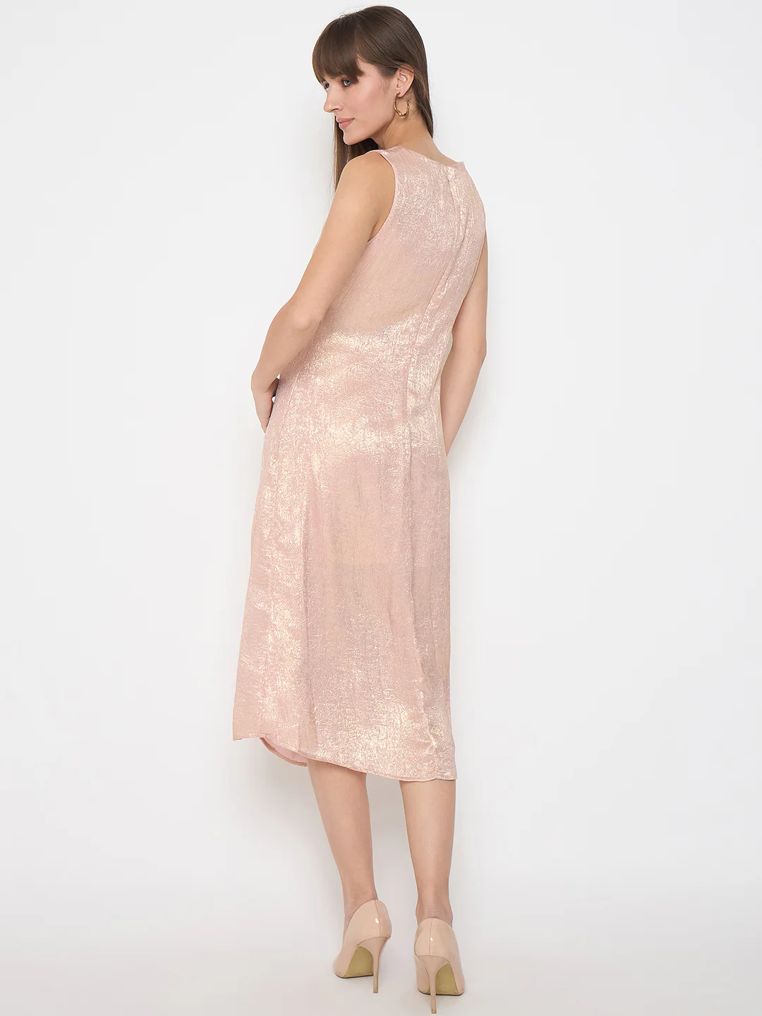 Madame Textured Front Ruched Peach Midi Dress - Image 6