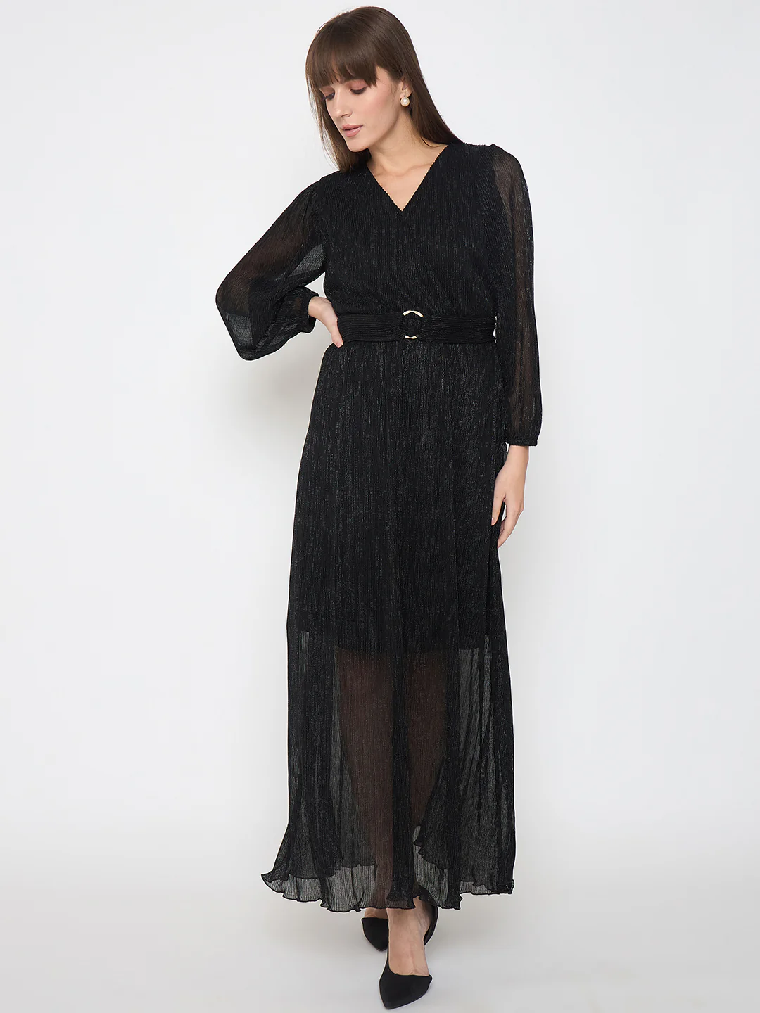 Madame Pliss Self Design Belted Black Flared Maxi Dress - Image 3