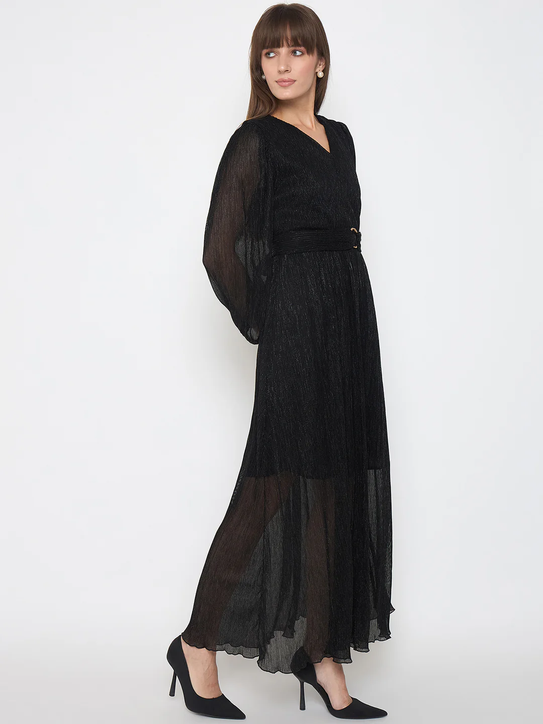 Madame Pliss Self Design Belted Black Flared Maxi Dress - Image 4