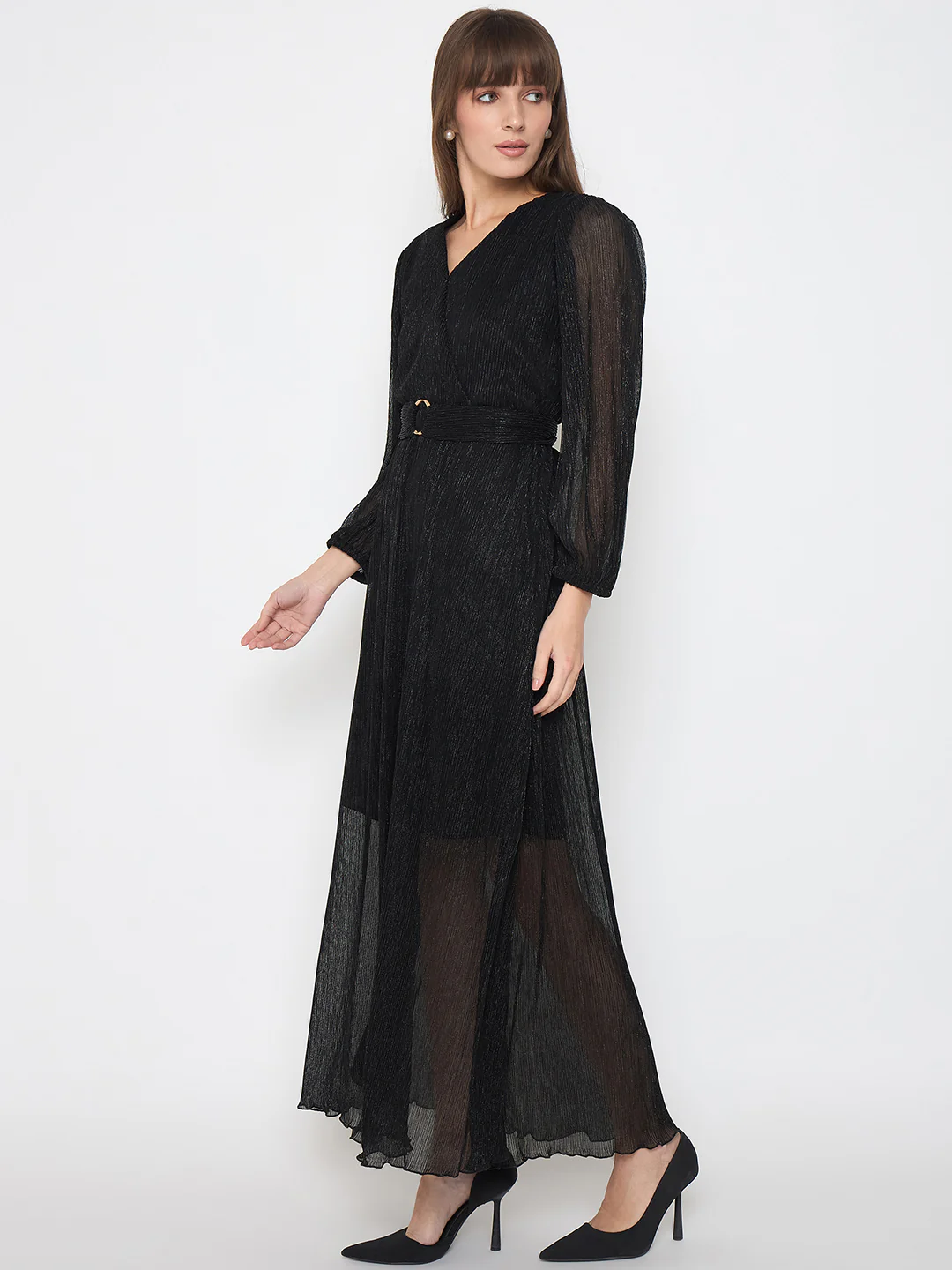 Madame Pliss Self Design Belted Black Flared Maxi Dress - Image 5