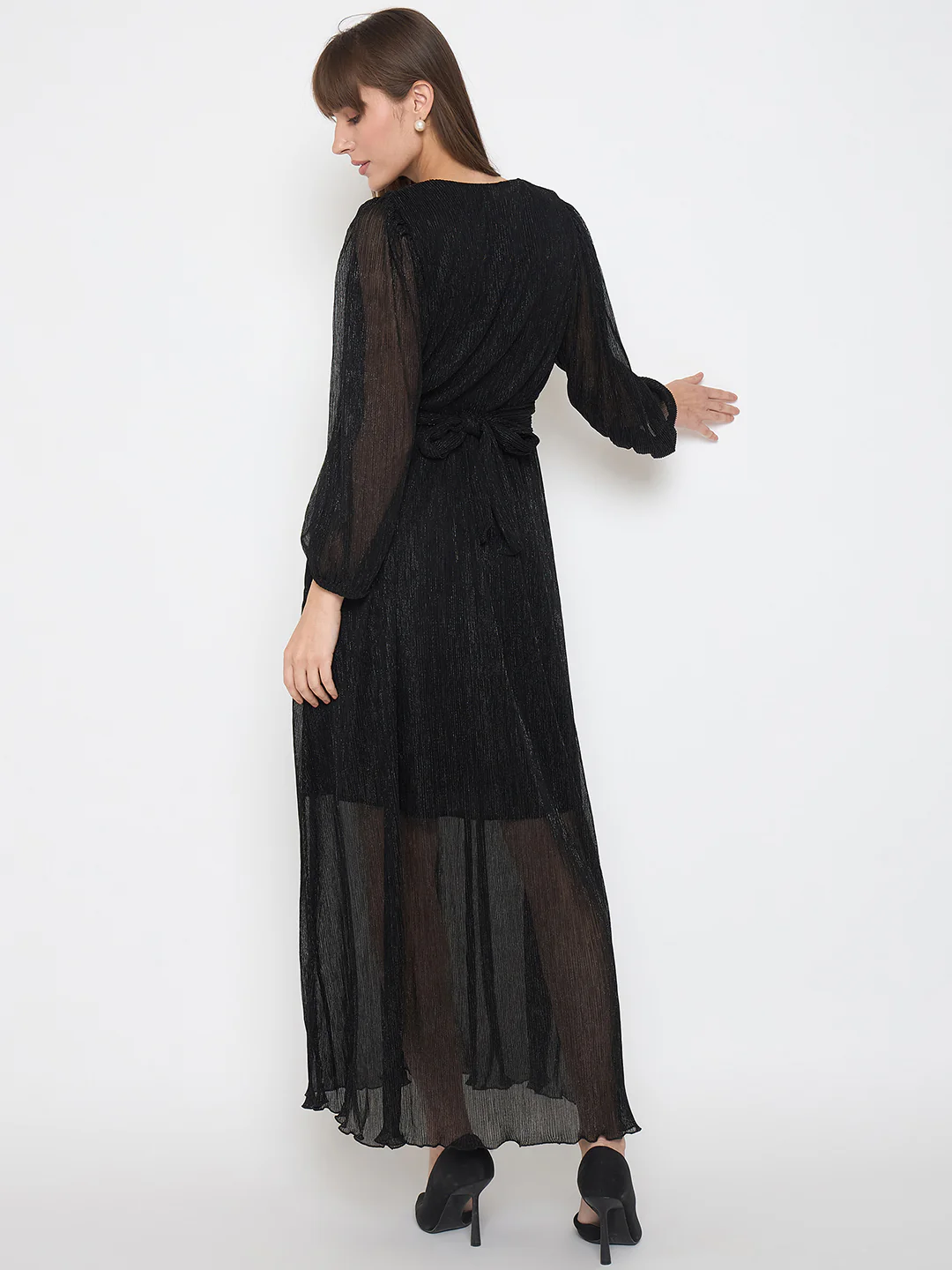 Madame Pliss Self Design Belted Black Flared Maxi Dress - Image 6