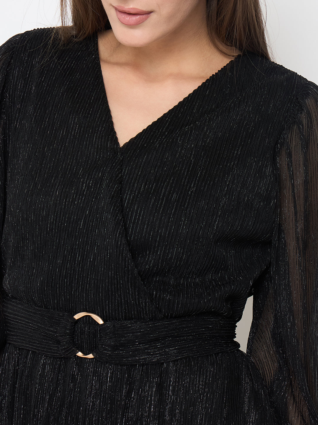 Madame Pliss Self Design Belted Black Flared Maxi Dress - Image 7
