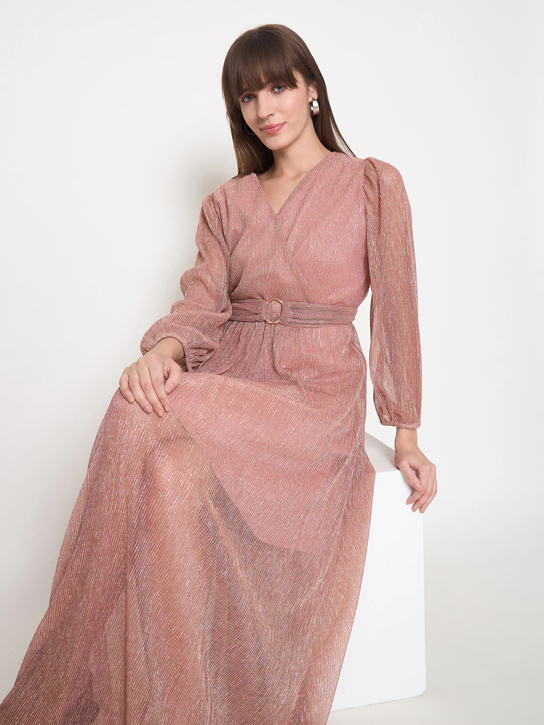 Madame Pliss Self Design Belted Rose Gold Flared Maxi Dress - Image 2