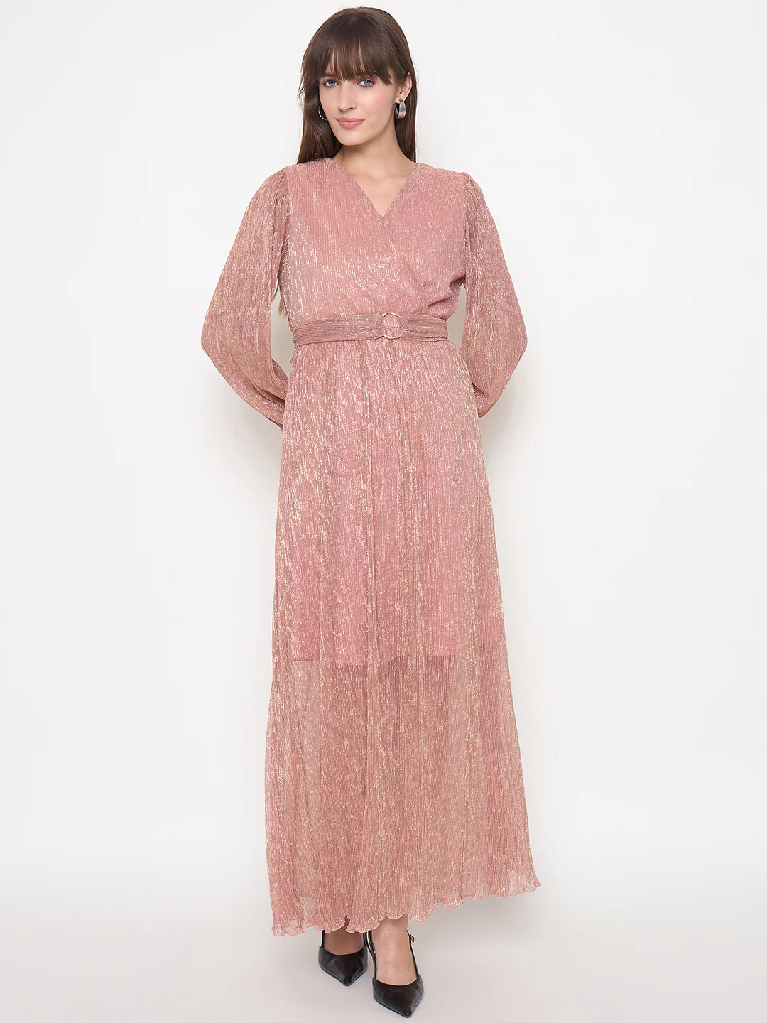 Madame Pliss Self Design Belted Rose Gold Flared Maxi Dress - Image 3