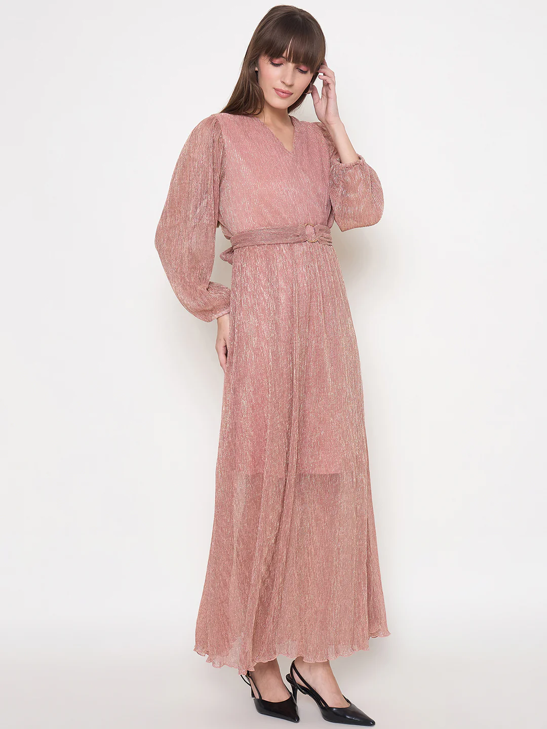 Madame Pliss Self Design Belted Rose Gold Flared Maxi Dress - Image 4