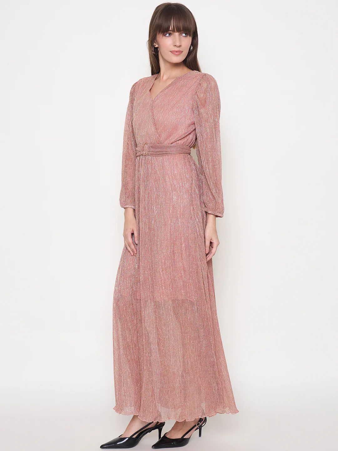 Madame Pliss Self Design Belted Rose Gold Flared Maxi Dress - Image 5