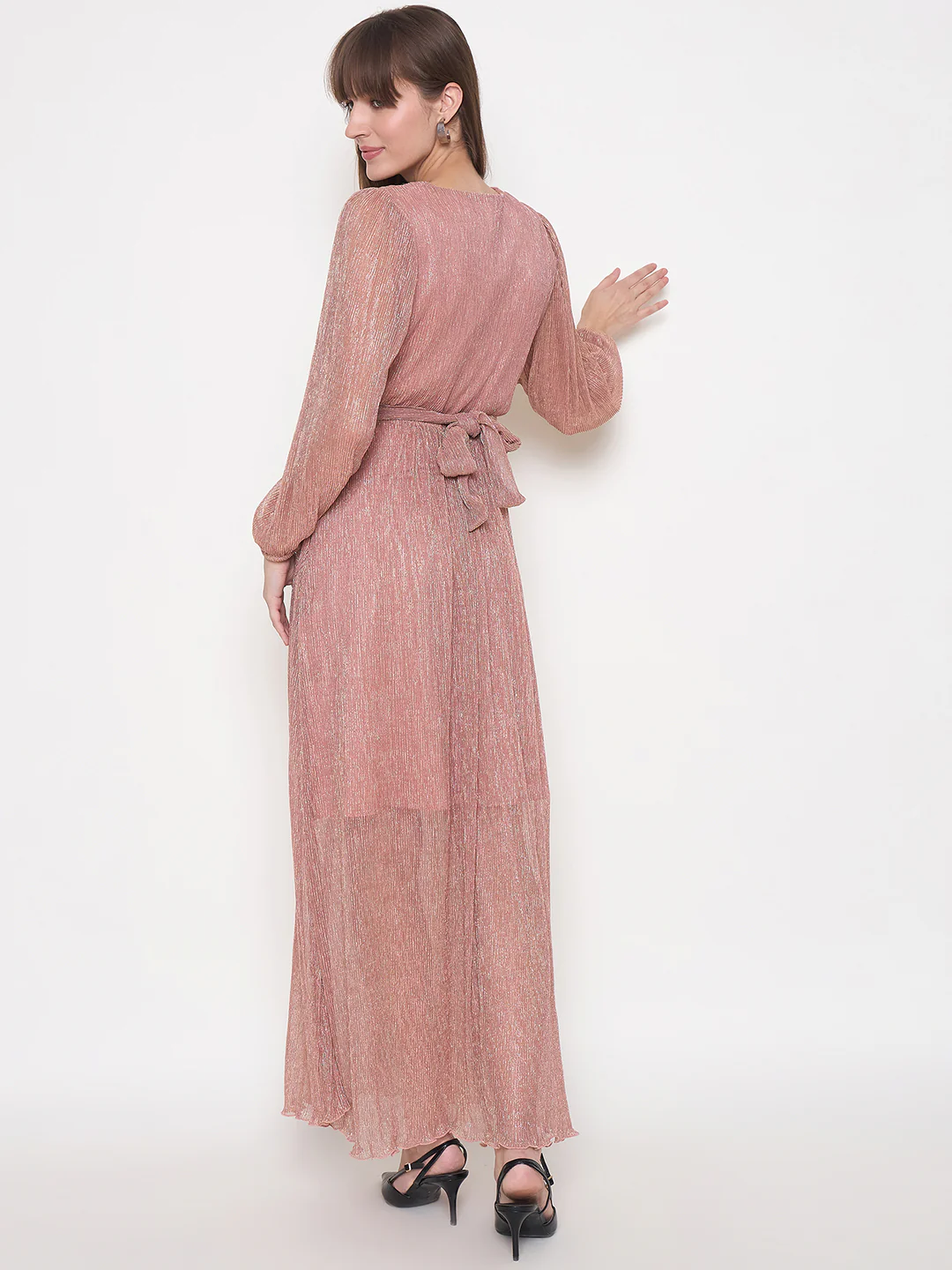 Madame Pliss Self Design Belted Rose Gold Flared Maxi Dress - Image 6