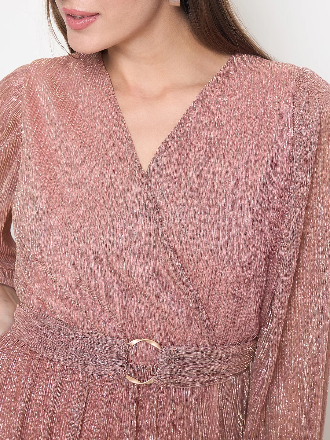 Madame Pliss Self Design Belted Rose Gold Flared Maxi Dress - Image 7