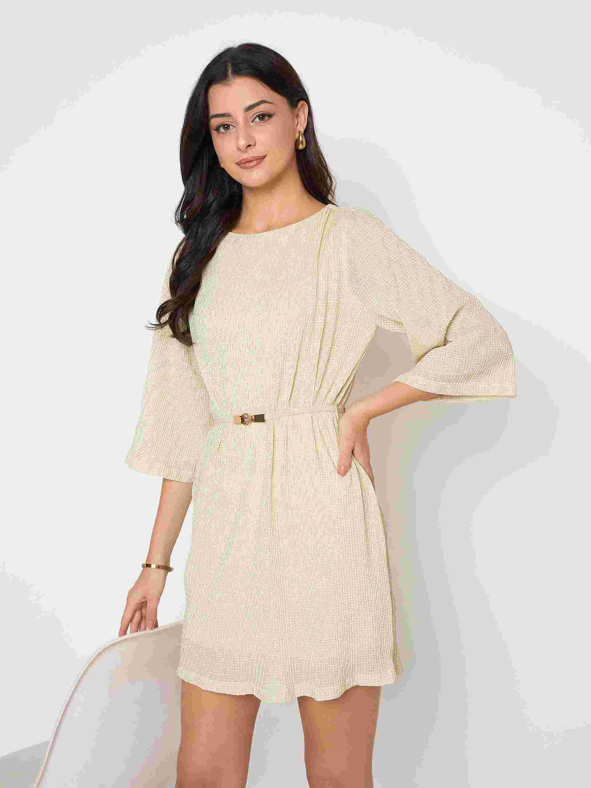 Madame Solid Midi Off White Shift Dress - Image 2