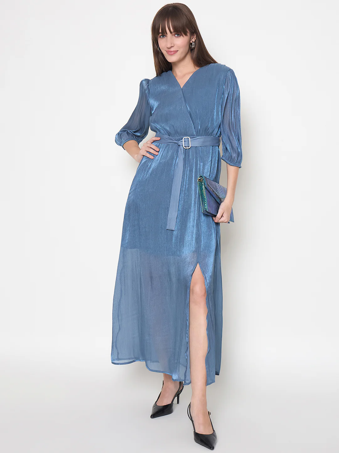 Madame Wrinkled Lurex Self Design Belted Blue Maxi Dress